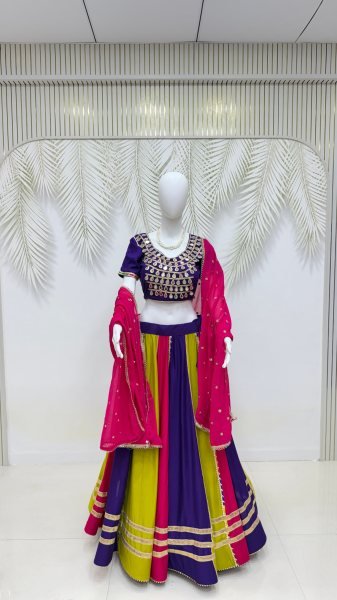 Plush Multi Color Pure Cotton Lehenga Choli with Mirror Lace Work   Designer Dupatta Navratri Lehnega Choli