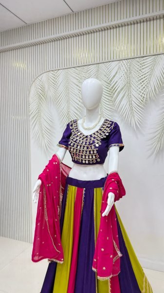 Plush Multi Color Pure Cotton Lehenga Choli with Mirror Lace Work   Designer Dupatta Navratri Lehnega Choli