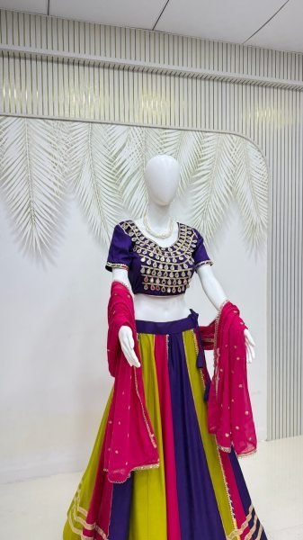 Plush Multi Color Pure Cotton Lehenga Choli with Mirror Lace Work   Designer Dupatta Navratri Lehnega Choli