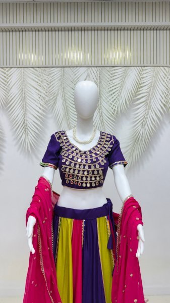 Plush Multi Color Pure Cotton Lehenga Choli with Mirror Lace Work   Designer Dupatta Navratri Lehnega Choli