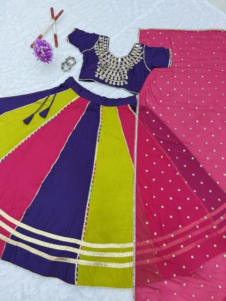 Plush Multi Color Pure Cotton Lehenga Choli with Mirror Lace Work   Designer Dupatta Navratri Lehnega Choli