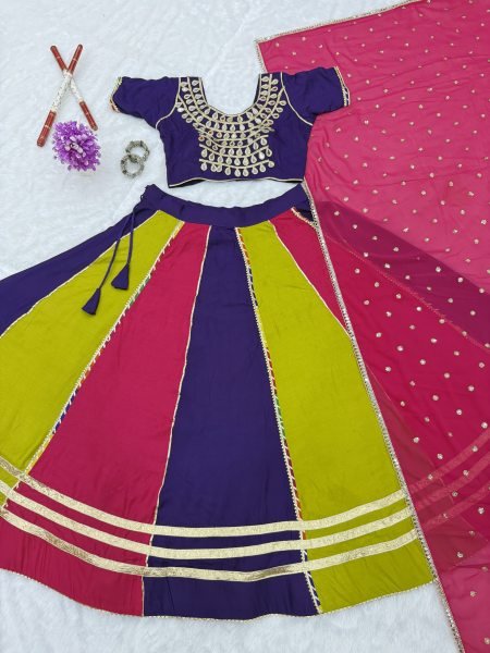 Plush Multi Color Pure Cotton Lehenga Choli with Mirror Lace Work   Designer Dupatta Navratri Lehnega Choli