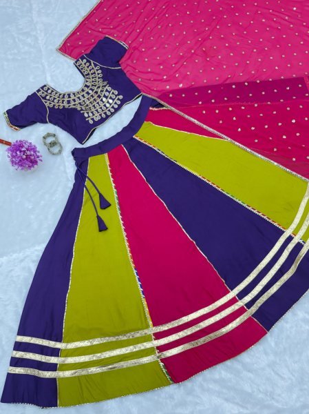 Plush Multi Color Pure Cotton Lehenga Choli with Mirror Lace Work   Designer Dupatta Navratri Lehnega Choli
