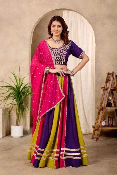 Plush Multi Color Pure Cotton Lehenga Choli with Mirror Lace Work   Designer Dupatta Navratri Lehnega Choli