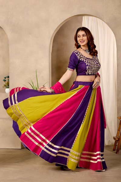 Plush Multi Color Pure Cotton Lehenga Choli with Mirror Lace Work   Designer Dupatta Navratri Lehnega Choli