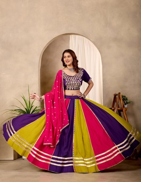 Plush Multi Color Pure Cotton Lehenga Choli with Mirror Lace Work   Designer Dupatta Navratri Lehnega Choli