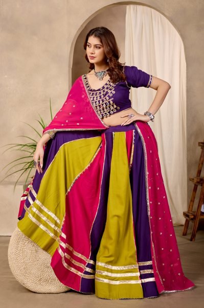 Plush Multi Color Pure Cotton Lehenga Choli with Mirror Lace Work   Designer Dupatta Navratri Lehnega Choli
