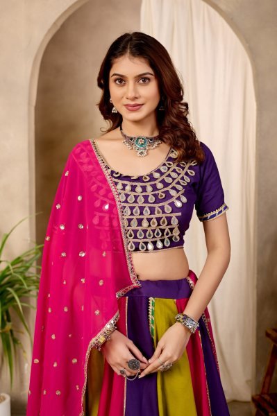 Plush Multi Color Pure Cotton Lehenga Choli with Mirror Lace Work   Designer Dupatta Navratri Lehnega Choli
