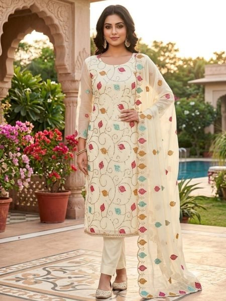Plush OffWhite Vichitra Silk Unstitched Suit Fabric with Heavy Sequins Work  