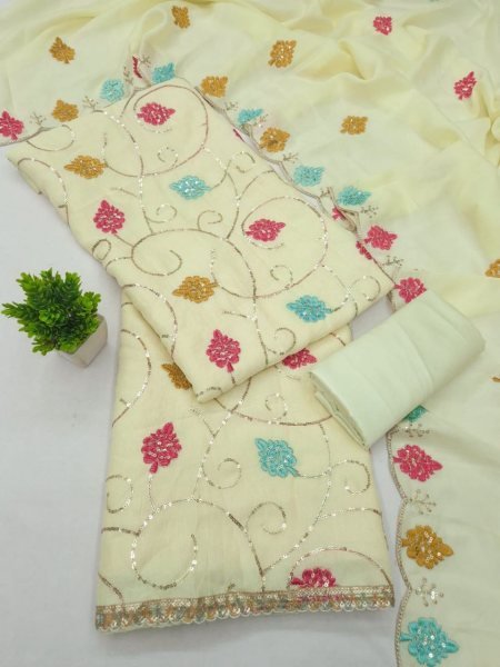 Plush OffWhite Vichitra Silk Unstitched Suit Fabric with Heavy Sequins Work  Punjabi Dress Materials Wholesale