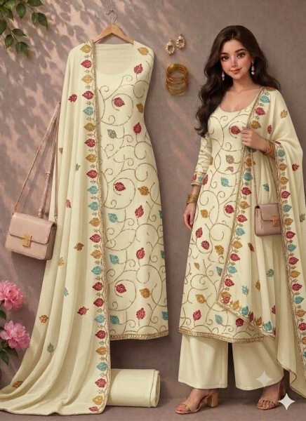 Plush OffWhite Vichitra Silk Unstitched Suit Fabric with Heavy Sequins Work  Punjabi Dress Materials Wholesale