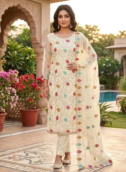 Plush OffWhite Vichitra Silk Unstitched Suit Fabric with Heavy Sequins Work  Punjabi Dress Materials Wholesale