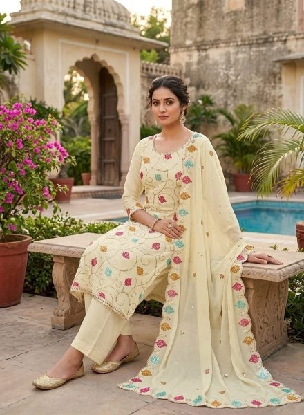 Plush OffWhite Vichitra Silk Unstitched Suit Fabric with Heavy Sequins Work  Punjabi Dress Materials Wholesale