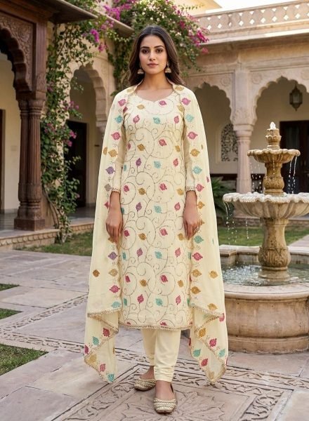 Plush OffWhite Vichitra Silk Unstitched Suit Fabric with Heavy Sequins Work  Punjabi Dress Materials Wholesale