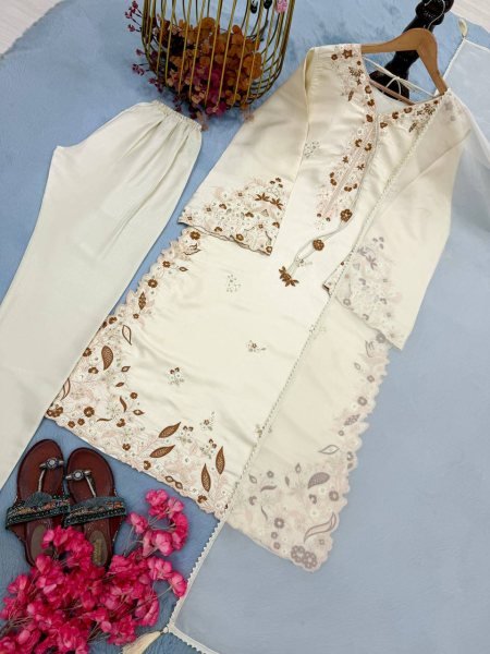 Plush OffWhite Women s Roman Glass Kaftan with Palazzo and Organza Silk Dupatta Ready To Wear Collection