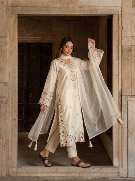 Plush OffWhite Women s Roman Glass Kaftan with Palazzo and Organza Silk Dupatta Ready To Wear Collection