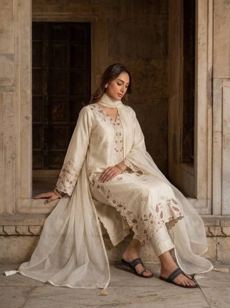 Plush OffWhite Women s Roman Glass Kaftan with Palazzo and Organza Silk Dupatta Ready To Wear Collection