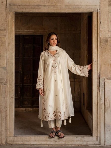 Plush OffWhite Women s Roman Glass Kaftan with Palazzo and Organza Silk Dupatta Ready To Wear Collection