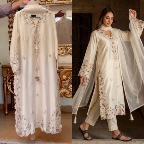Plush OffWhite Women s Roman Glass Kaftan with Palazzo and Organza Silk Dupatta Ready To Wear Collection
