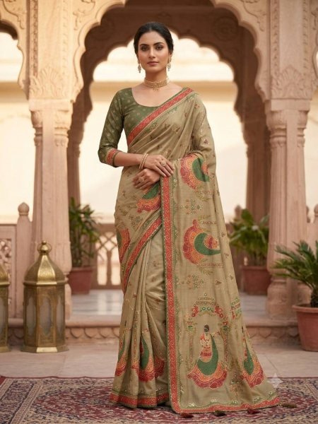 Plush Olive Green Pure Simar Silk Saree with Digital Print  Aari Work and Khatli Handwork Sarees 