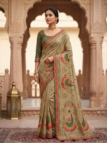 Plush Olive Green Pure Simar Silk Saree with Digital Print  Aari Work and Khatli Handwork Printed Cotton Sarees Wholesale
