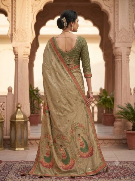 Plush Olive Green Pure Simar Silk Saree with Digital Print  Aari Work and Khatli Handwork Printed Cotton Sarees Wholesale