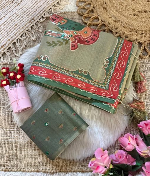 Plush Olive Green Pure Simar Silk Saree with Digital Print  Aari Work and Khatli Handwork Printed Cotton Sarees Wholesale