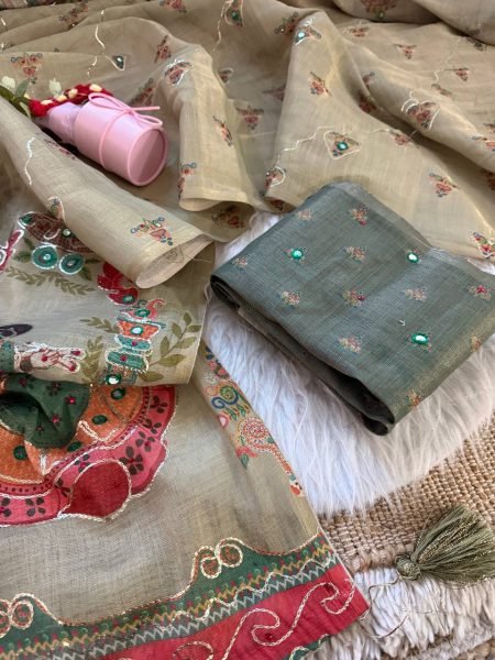 Plush Olive Green Pure Simar Silk Saree with Digital Print  Aari Work and Khatli Handwork Printed Cotton Sarees Wholesale