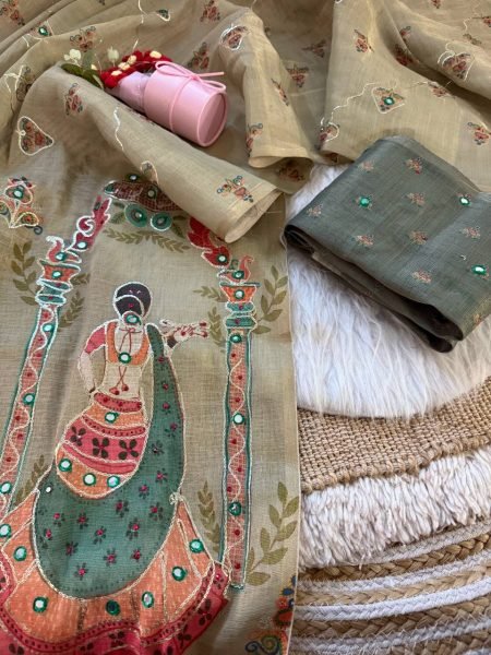 Plush Olive Green Pure Simar Silk Saree with Digital Print  Aari Work and Khatli Handwork Printed Cotton Sarees Wholesale