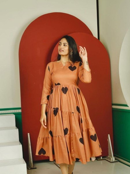 Plush Orange Elegant Parampara Cotton Flared Gown for Daily and Festive Wear 
