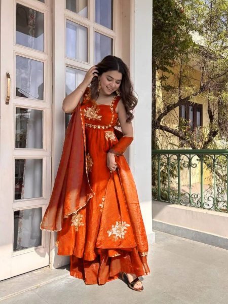 Plush Orange Latest Designer Suit Set for Women Special Occasions Ready To Wear Suit