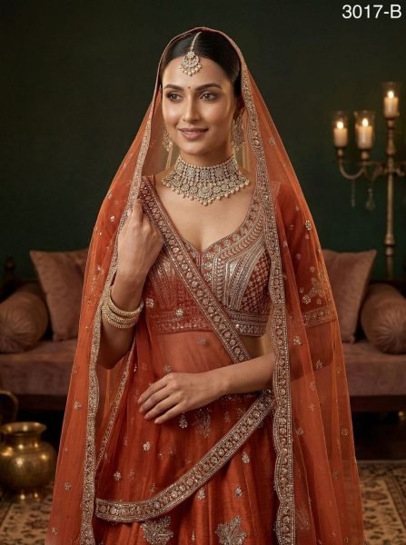 Plush Orange Lehenga Choli with Heavy Embroidery for Wedding Wear Bridal Lehenga Choli