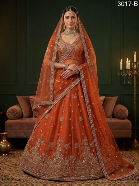 Plush Orange Lehenga Choli with Heavy Embroidery for Wedding Wear Bridal Lehenga Choli