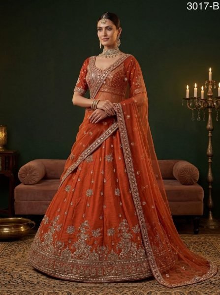 Plush Orange Lehenga Choli with Heavy Embroidery for Wedding Wear Bridal Lehenga Choli
