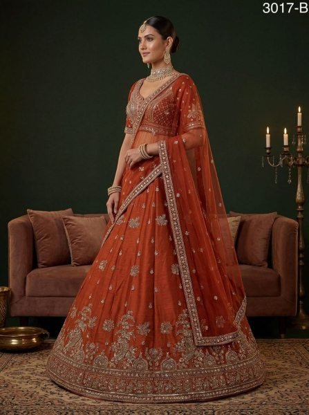 Plush Orange Lehenga Choli with Heavy Embroidery for Wedding Wear Bridal Lehenga Choli
