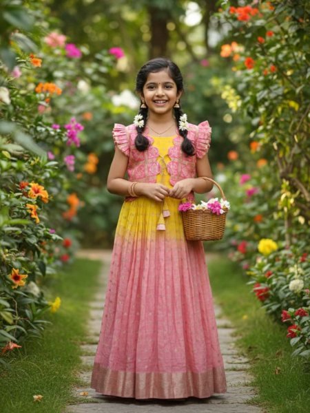 Plush Pink Kids Bandhani Coat Gown Set with Hand Dyeing for Festive Wear 