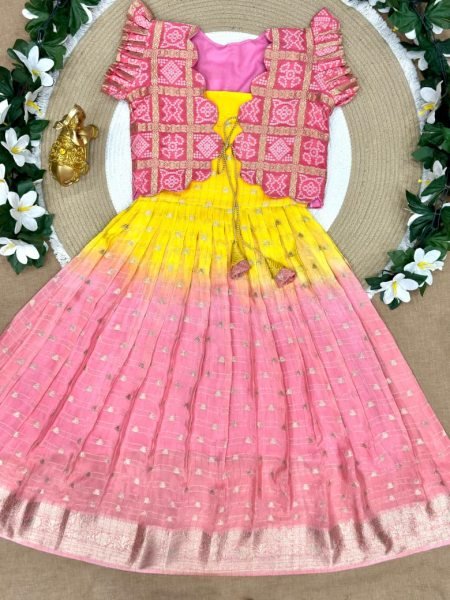 Plush Pink Kids Bandhani Coat Gown Set with Hand Dyeing for Festive Wear Girls Wear