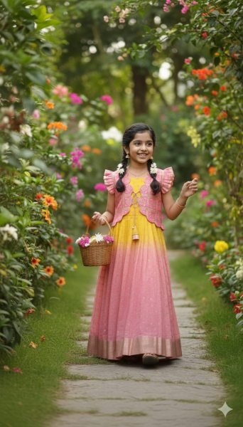 Plush Pink Kids Bandhani Coat Gown Set with Hand Dyeing for Festive Wear Girls Wear