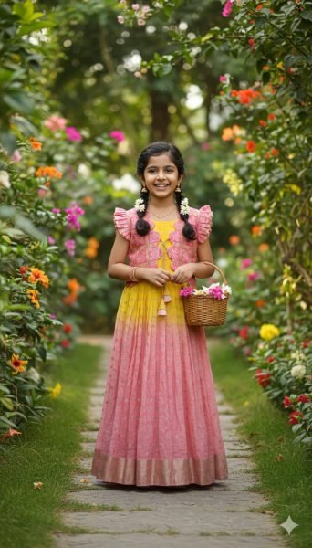 Plush Pink Kids Bandhani Coat Gown Set with Hand Dyeing for Festive Wear Girls Wear