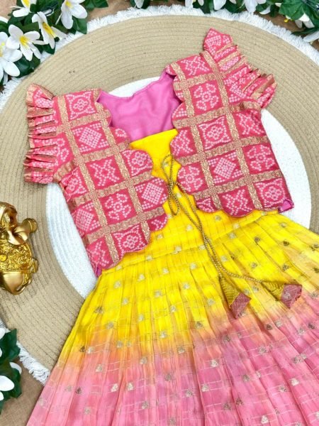 Plush Pink Kids Bandhani Coat Gown Set with Hand Dyeing for Festive Wear Girls Wear