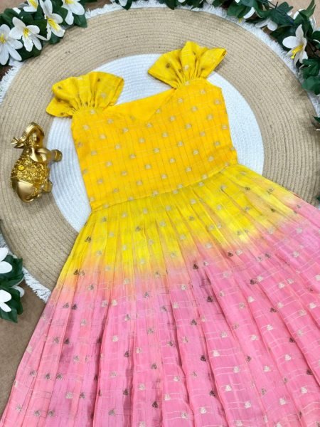 Plush Pink Kids Bandhani Coat Gown Set with Hand Dyeing for Festive Wear Girls Wear