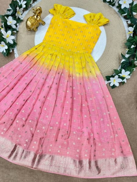 Plush Pink Kids Bandhani Coat Gown Set with Hand Dyeing for Festive Wear Girls Wear