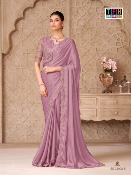 Plush Purple Gold Shimmer Satin Georgette Saree with Designer Jacket Blouse 