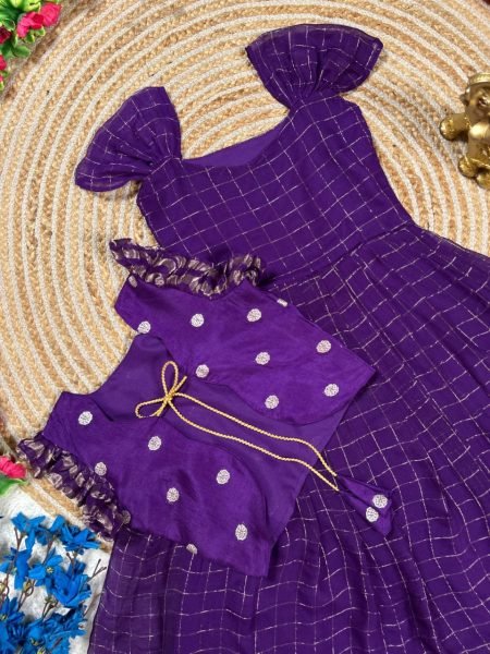 Plush Purple Koti Gown Set with Hand Dyed Design for Festive Wear Girls Wear