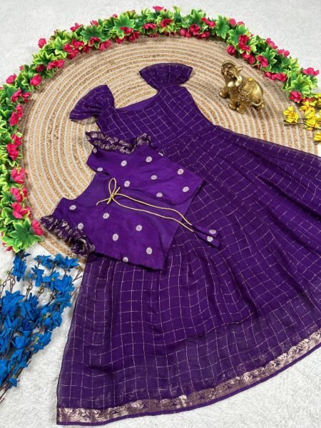 Plush Purple Koti Gown Set with Hand Dyed Design for Festive Wear Girls Wear