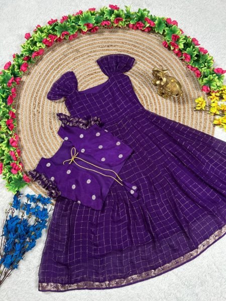 Plush Purple Koti Gown Set with Hand Dyed Design for Festive Wear Girls Wear