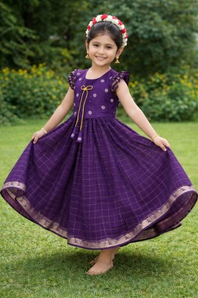Plush Purple Koti Gown Set with Hand Dyed Design for Festive Wear Girls Wear