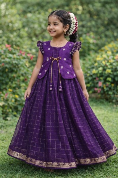 Plush Purple Koti Gown Set with Hand Dyed Design for Festive Wear Girls Wear