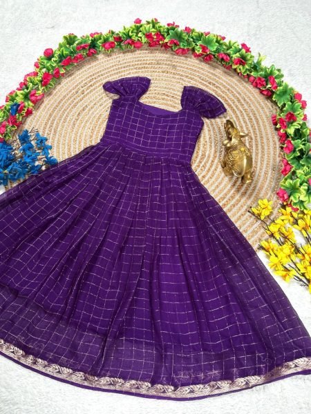 Plush Purple Koti Gown Set with Hand Dyed Design for Festive Wear Girls Wear