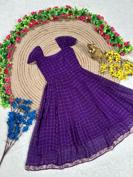 Plush Purple Koti Gown Set with Hand Dyed Design for Festive Wear Girls Wear